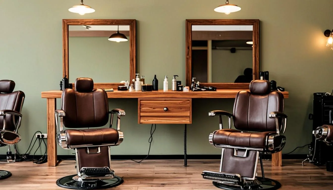 Interieur van herenkapper Knip & Baard: kappersstoelen, eikenhouten counter en saliegroene muren