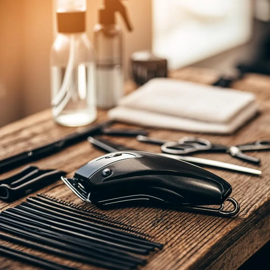 Werkblad van de barber met tondeuses, kammen, schaar en opgevouwen handdoeken
