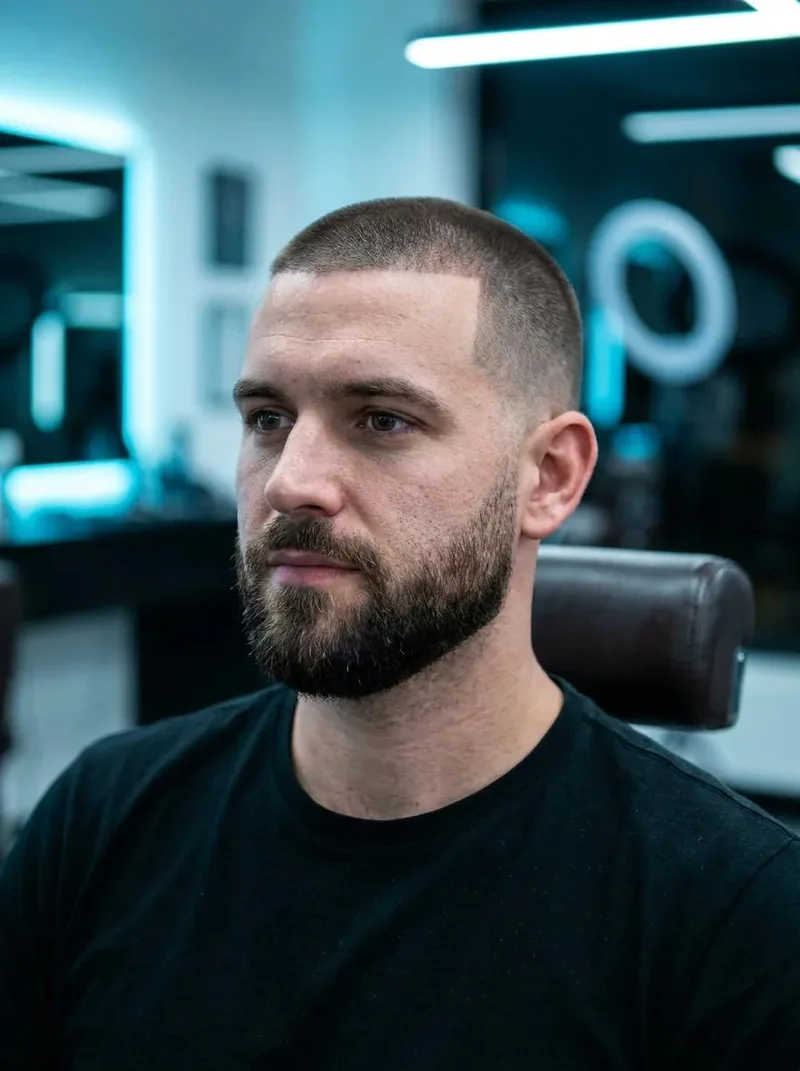 Man met een buzz cut, strakke haarlijn en kort geknipt baardje