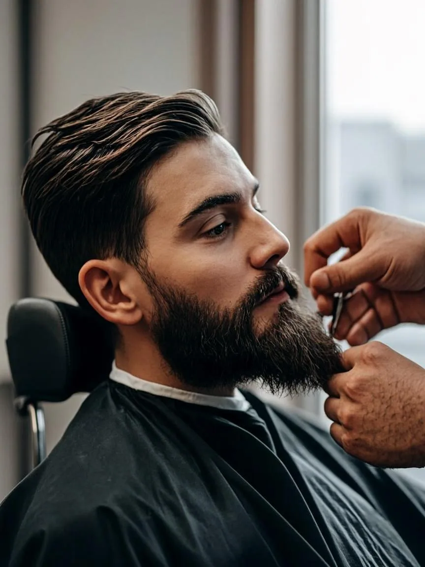 Barber trimt en modelleert de volle baard van een klant bij herenkapper Knip & Baard