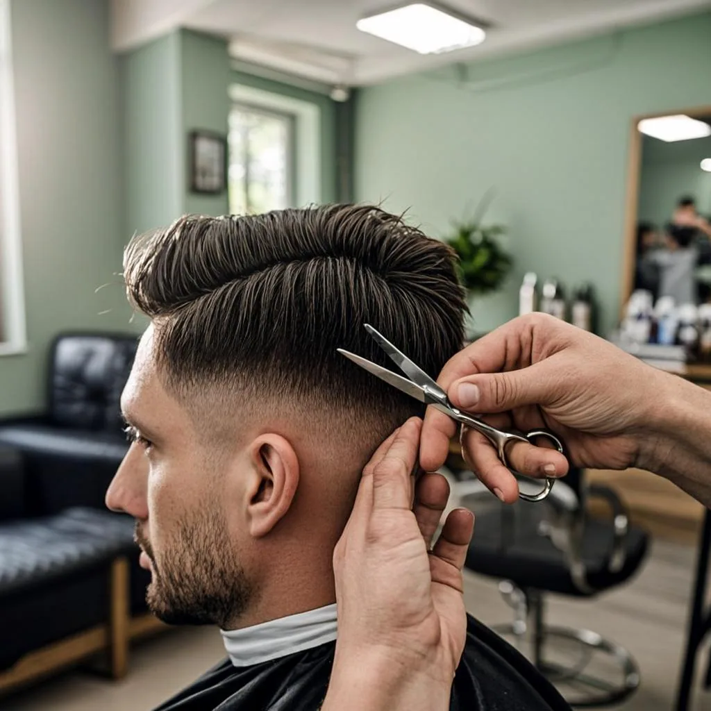 Barber knipt met schaar en kam het haar van een man bij herenkapper Knip & Baard in Zwolle