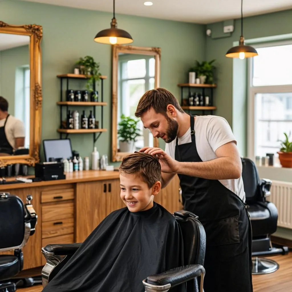 Vriendelijke barber knipt geduldig het haar van een jongen van acht in de kappersstoel